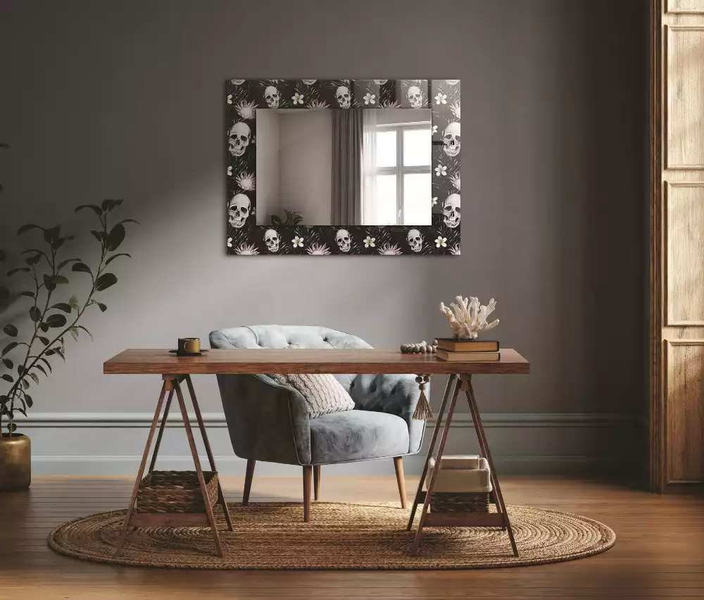 Miroir rectangulaire imprimé crânes et fleurs