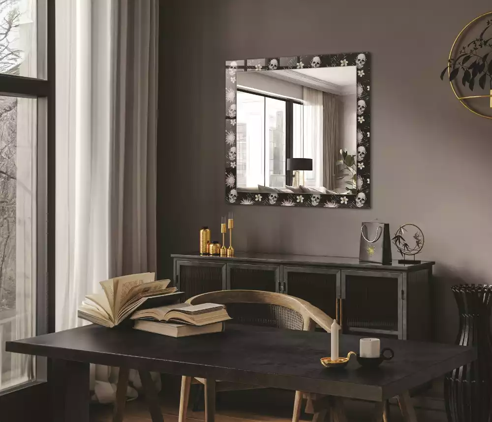 Miroir rectangulaire imprimé crânes et fleurs