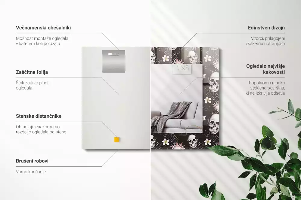 Miroir rectangulaire imprimé crânes et fleurs
