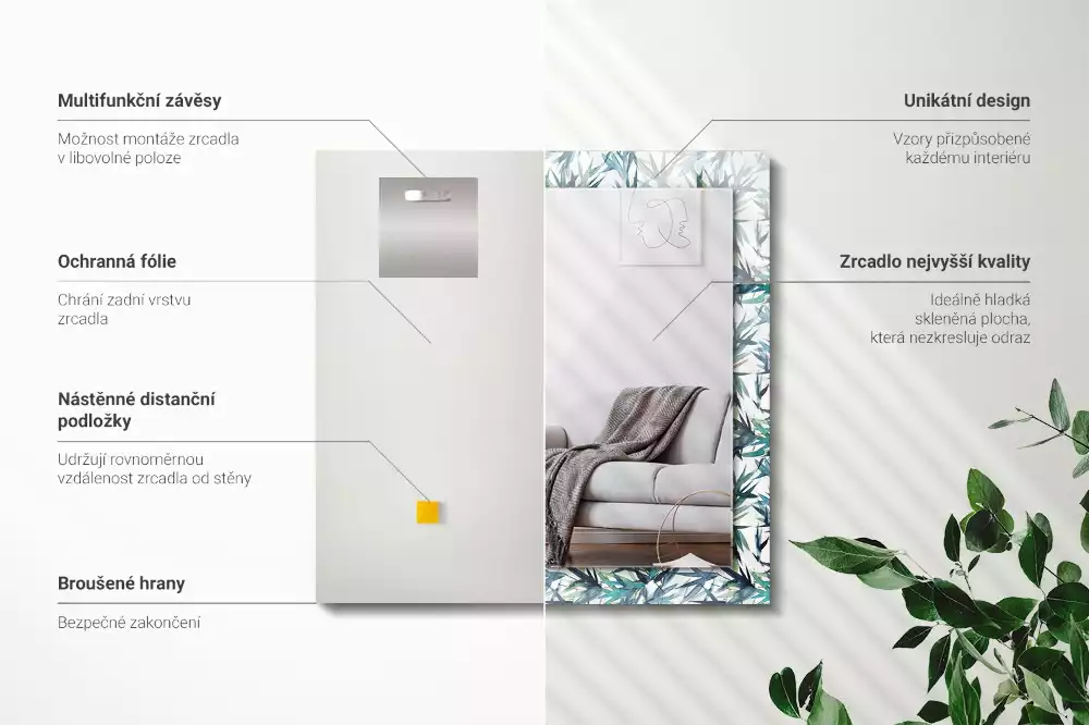Miroir rectangulaire décoratif imprimé feuilles de bambou en aquarelle