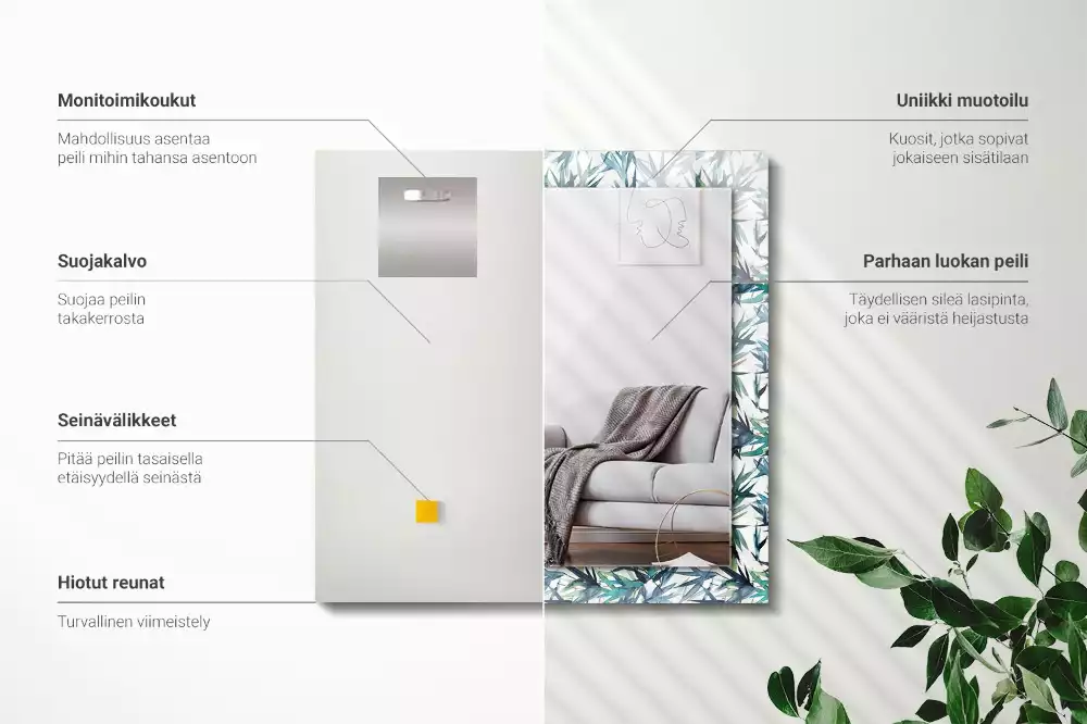 Miroir rectangulaire décoratif imprimé feuilles de bambou en aquarelle