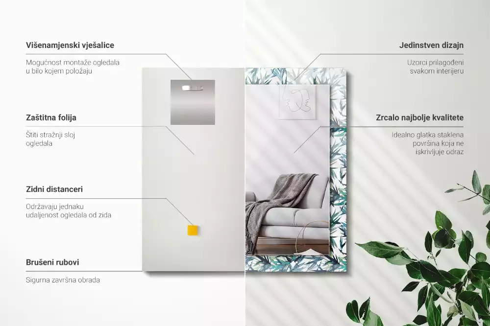 Miroir rectangulaire décoratif imprimé feuilles de bambou en aquarelle
