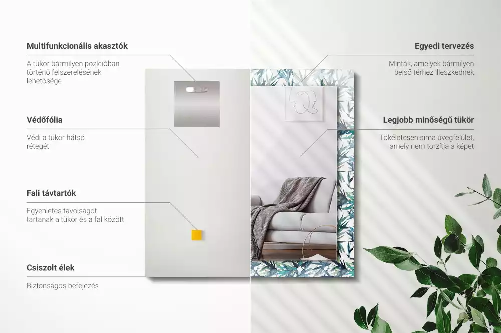 Miroir rectangulaire décoratif imprimé feuilles de bambou en aquarelle