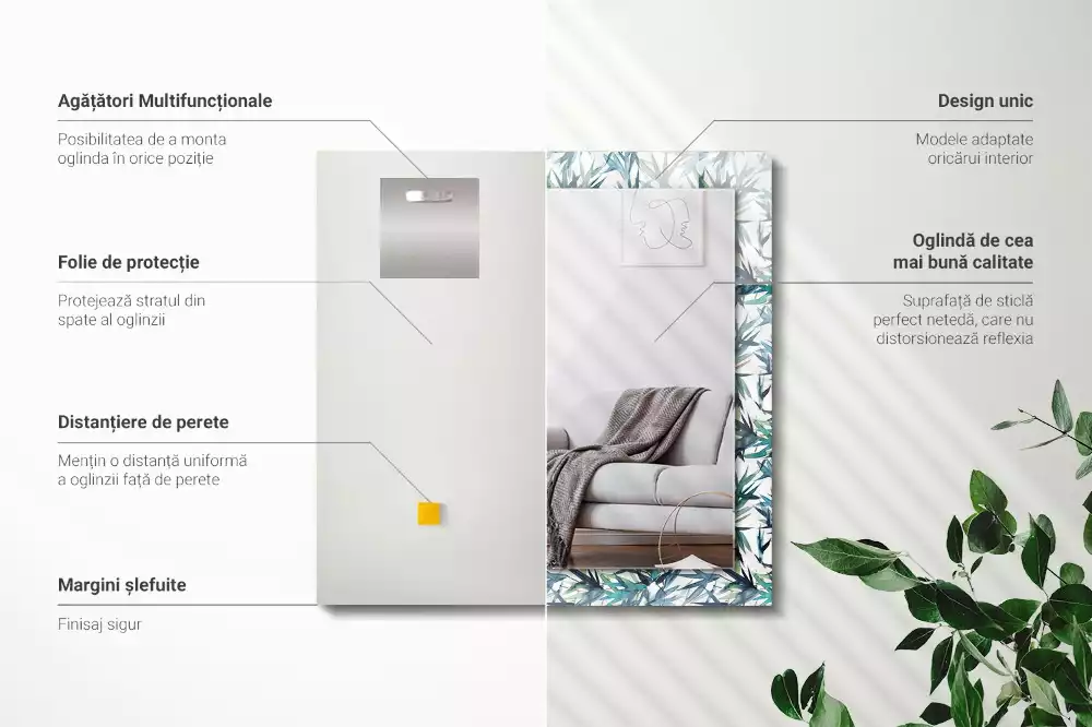 Miroir rectangulaire décoratif imprimé feuilles de bambou en aquarelle