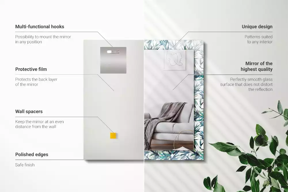 Miroir rectangulaire décoratif imprimé feuilles de bambou en aquarelle