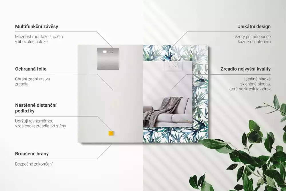 Miroir rectangulaire décoratif imprimé feuilles de bambou en aquarelle