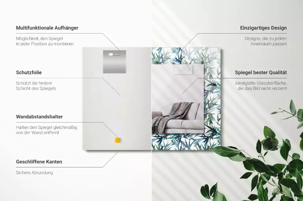 Miroir rectangulaire décoratif imprimé feuilles de bambou en aquarelle