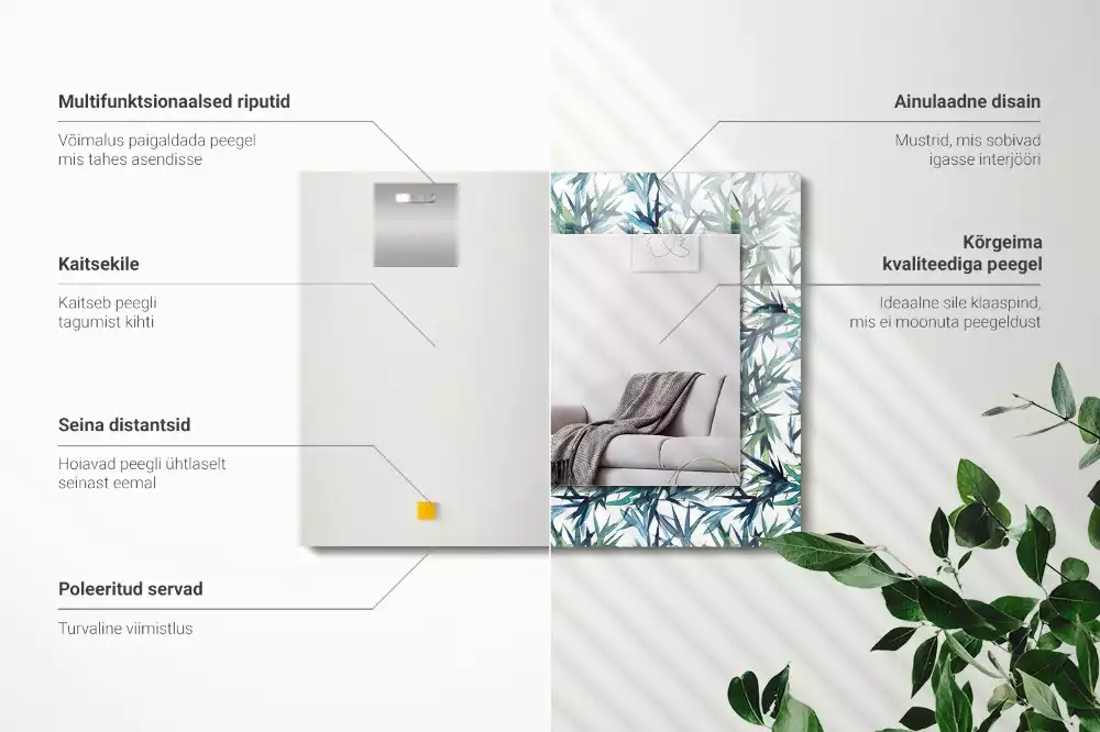 Miroir rectangulaire décoratif imprimé feuilles de bambou en aquarelle