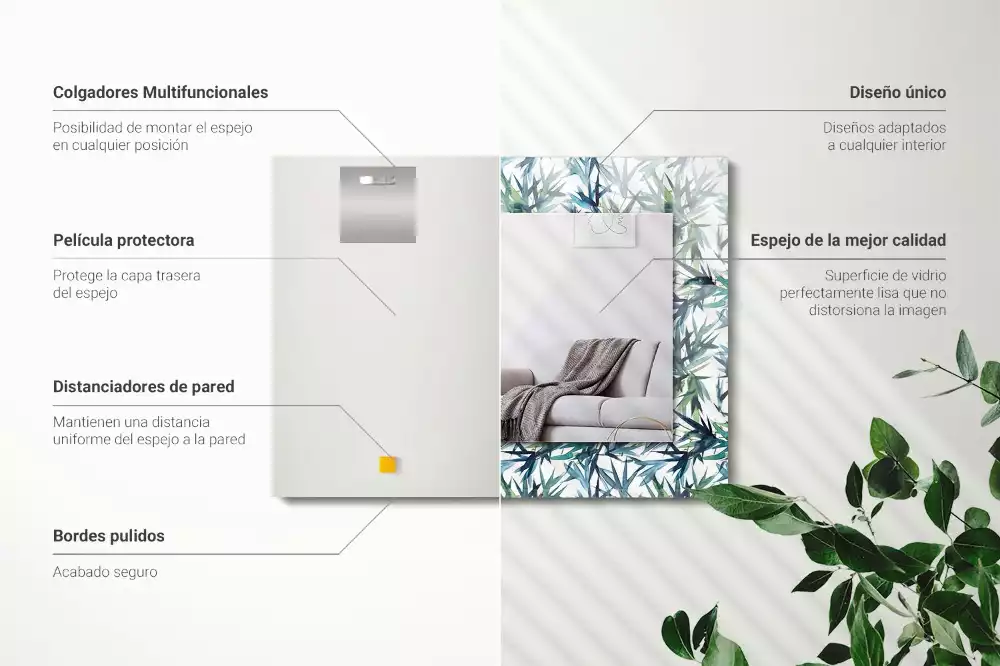 Miroir rectangulaire décoratif imprimé feuilles de bambou en aquarelle