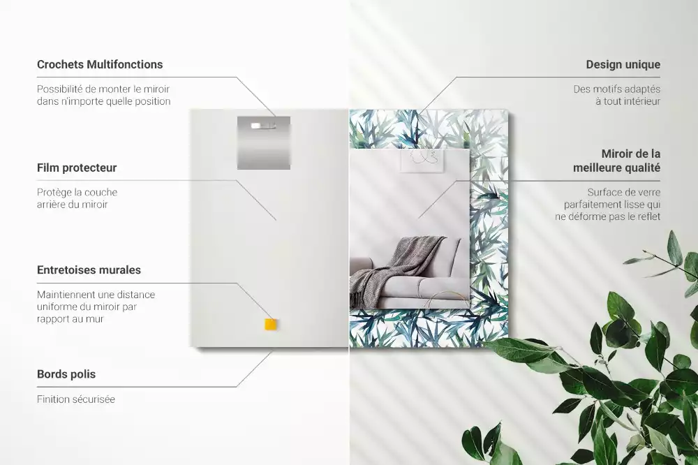 Miroir rectangulaire décoratif imprimé feuilles de bambou en aquarelle