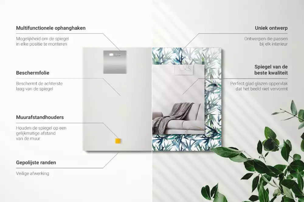 Miroir rectangulaire décoratif imprimé feuilles de bambou en aquarelle