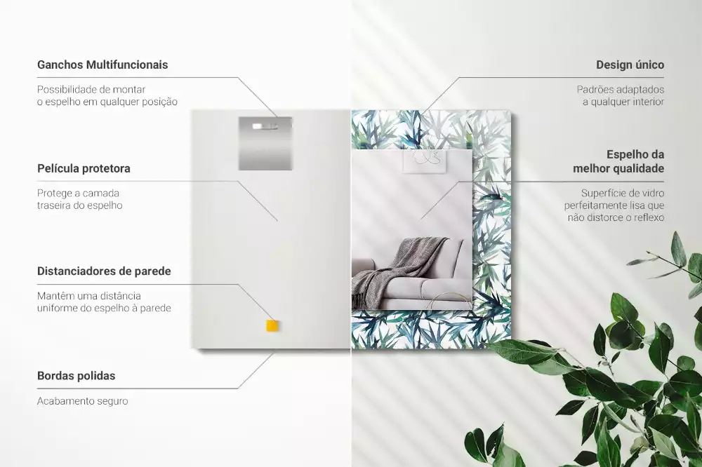 Miroir rectangulaire décoratif imprimé feuilles de bambou en aquarelle