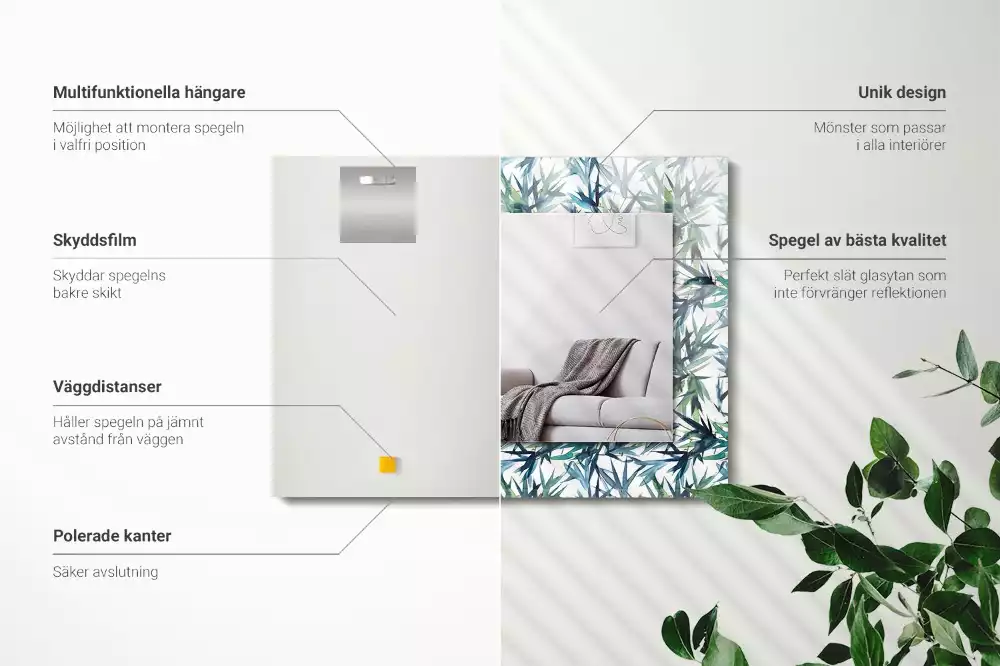 Miroir rectangulaire décoratif imprimé feuilles de bambou en aquarelle