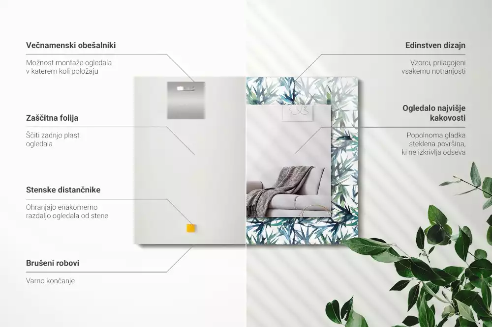 Miroir rectangulaire décoratif imprimé feuilles de bambou en aquarelle