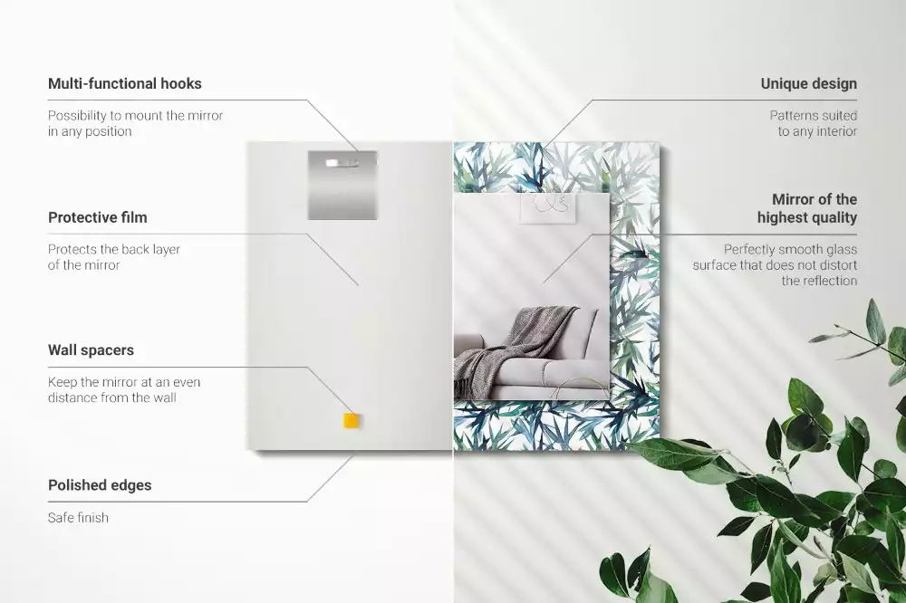 Miroir rectangulaire décoratif imprimé feuilles de bambou en aquarelle