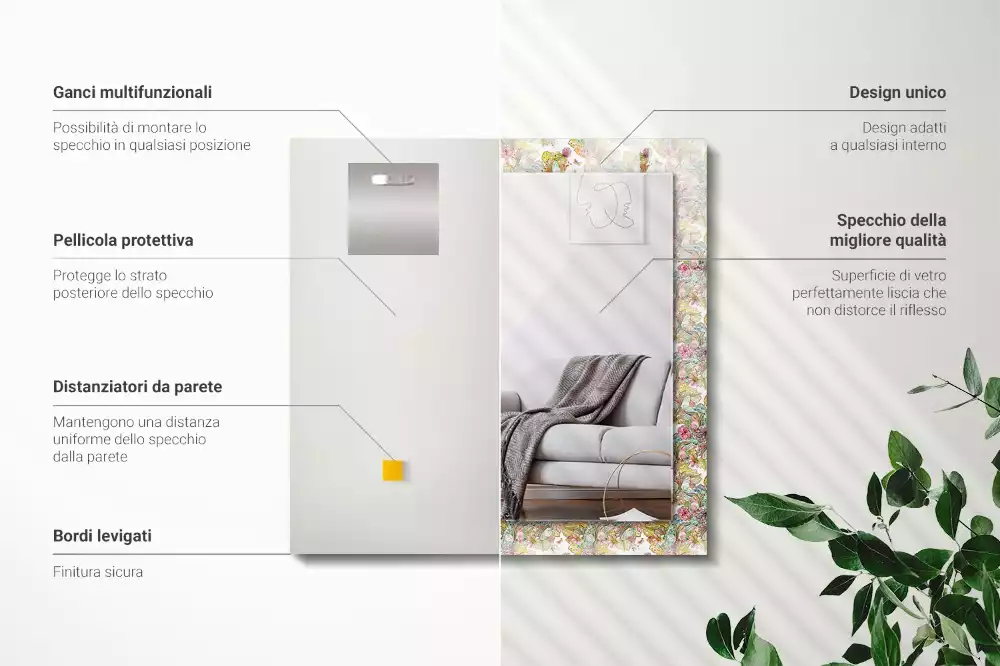 Miroir rectangulaire à cadre imprimé papillons colorés et fleurs