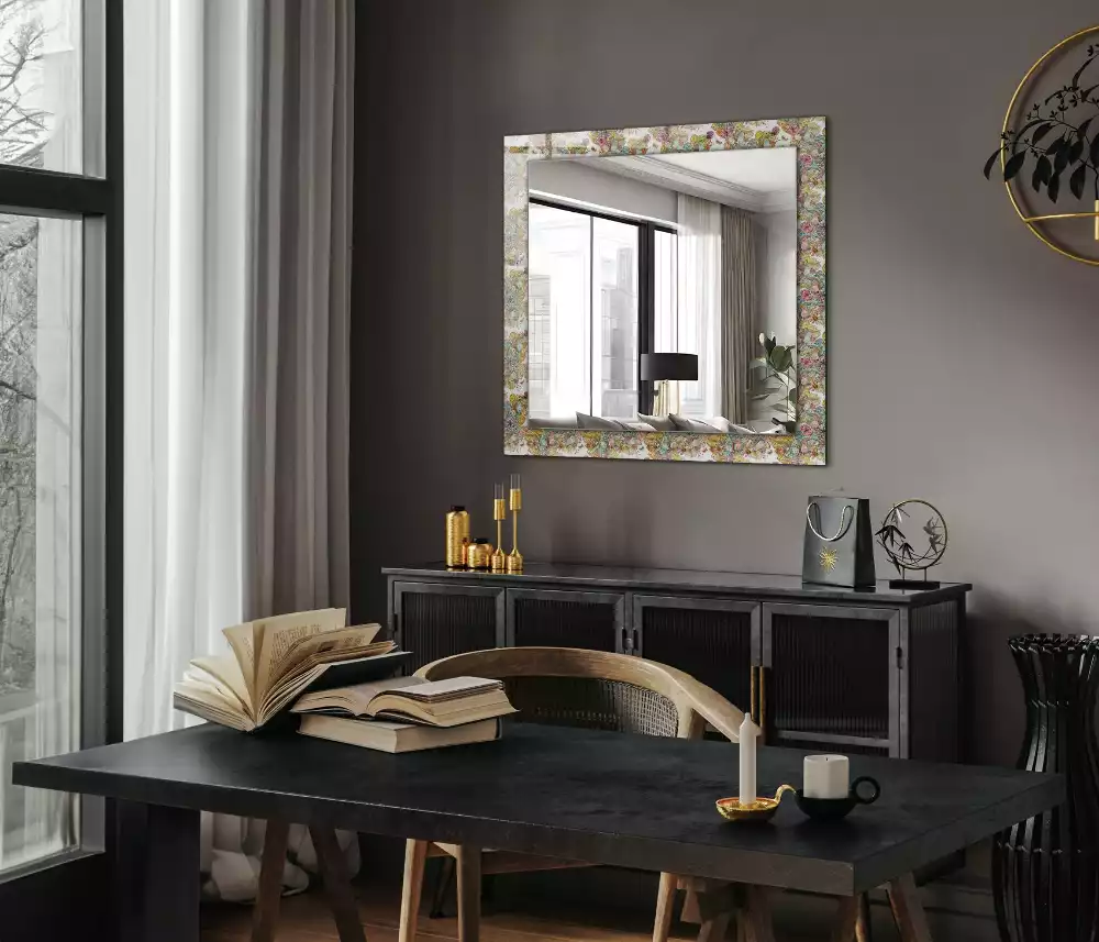 Miroir rectangulaire à cadre imprimé papillons colorés et fleurs