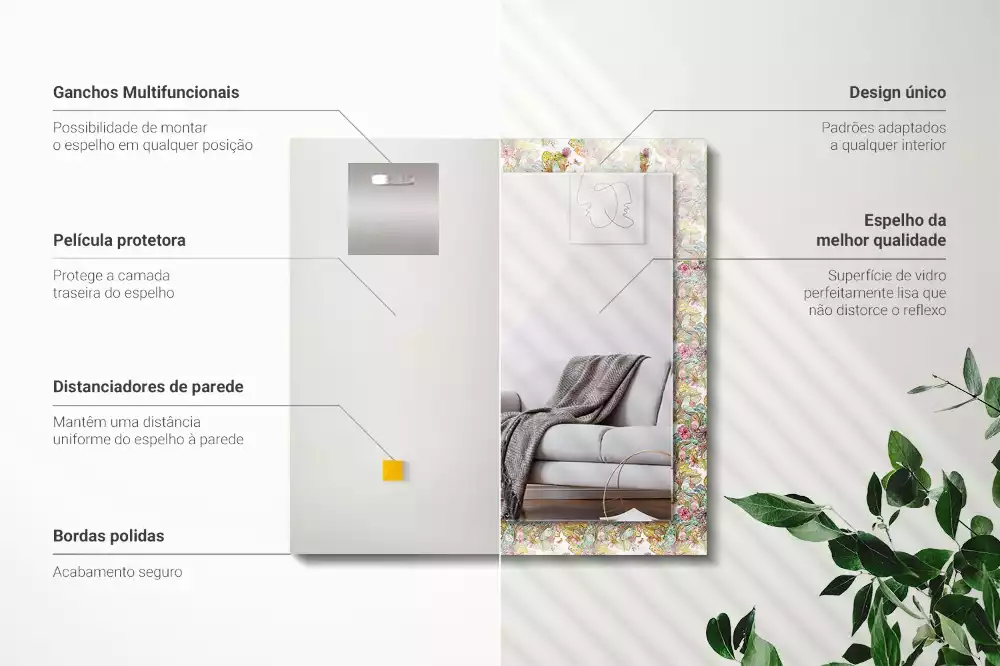 Miroir rectangulaire à cadre imprimé papillons colorés et fleurs