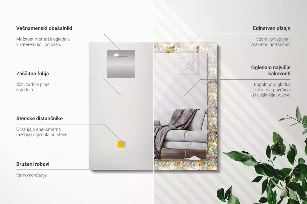 Miroir rectangulaire à cadre imprimé papillons colorés et fleurs