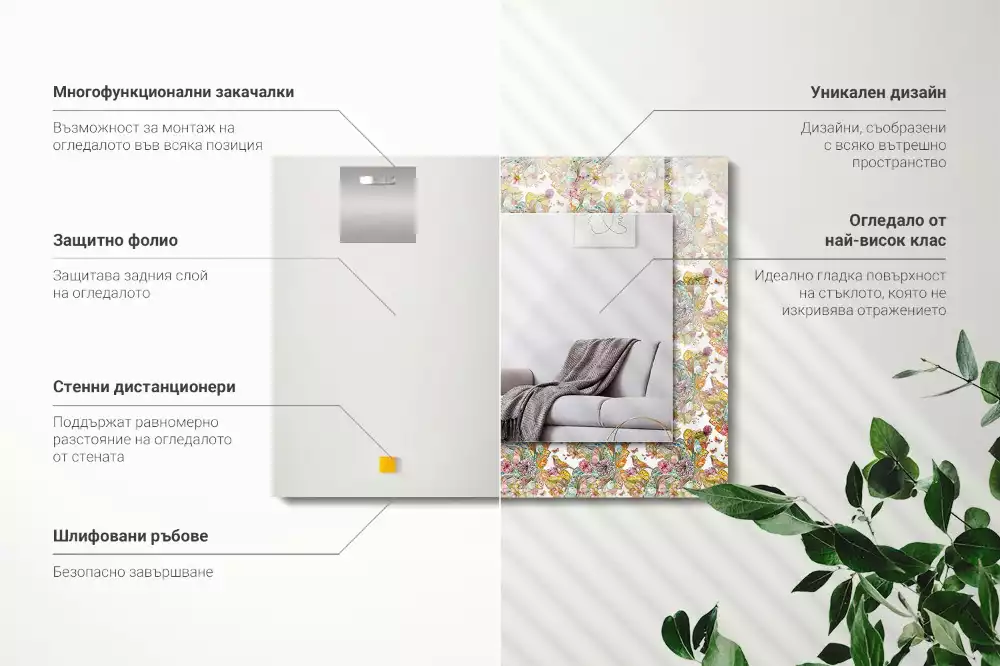 Miroir rectangulaire à cadre imprimé papillons colorés et fleurs