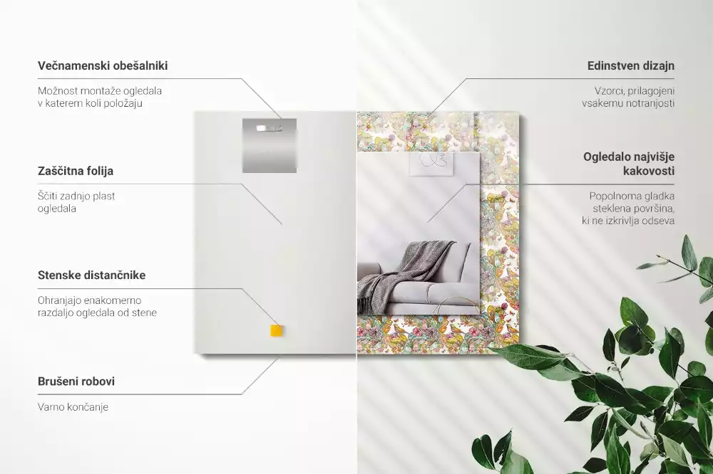 Miroir rectangulaire à cadre imprimé papillons colorés et fleurs