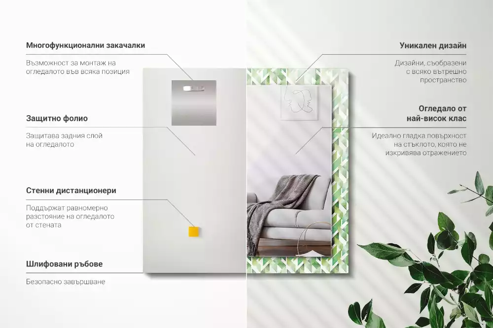Miroir rectangulaire décoratif imprimé motif géométrique vert