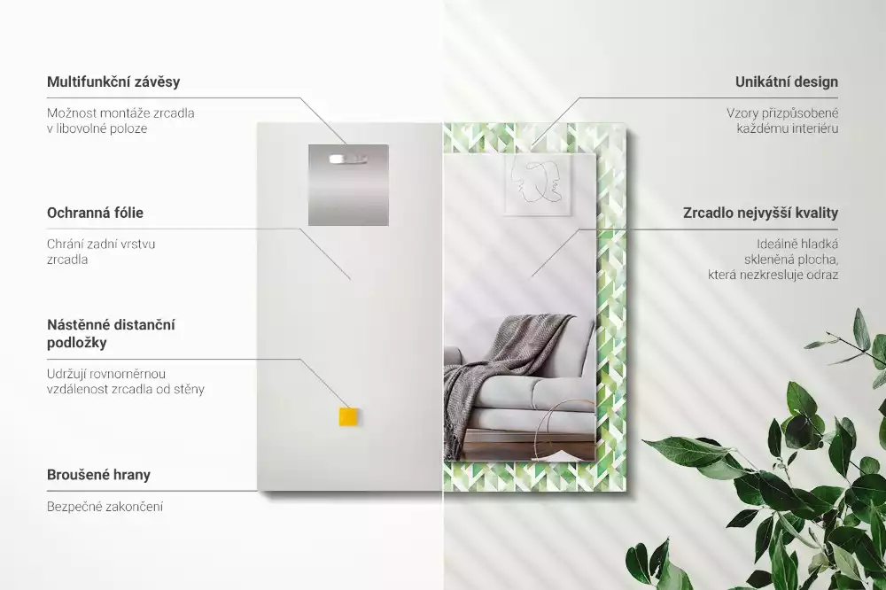 Miroir rectangulaire décoratif imprimé motif géométrique vert