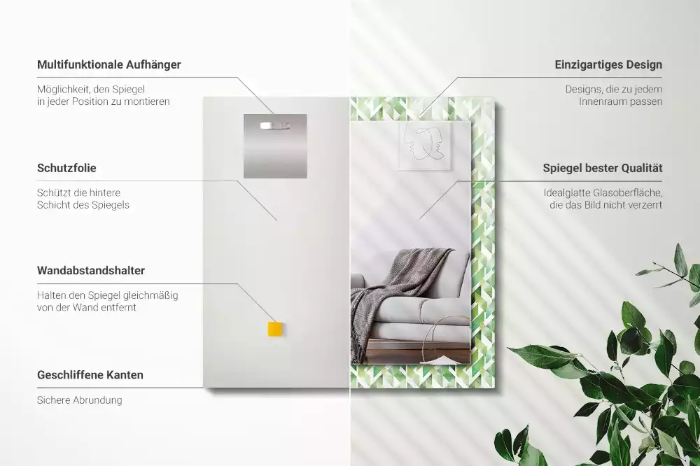 Miroir rectangulaire décoratif imprimé motif géométrique vert