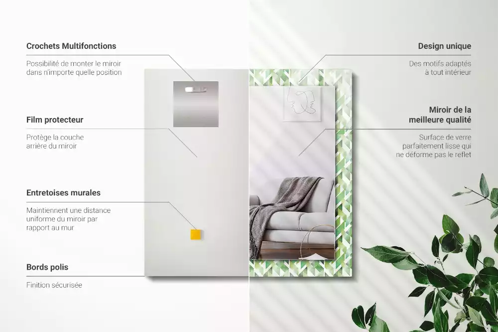 Miroir rectangulaire décoratif imprimé motif géométrique vert