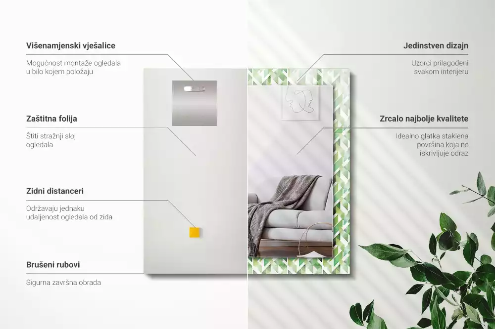 Miroir rectangulaire décoratif imprimé motif géométrique vert