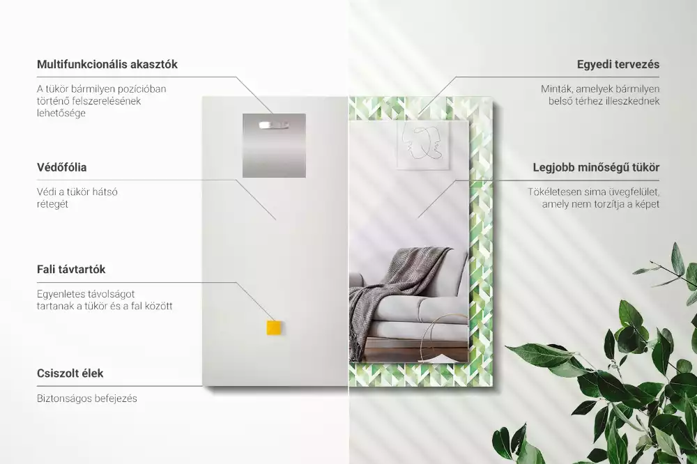 Miroir rectangulaire décoratif imprimé motif géométrique vert