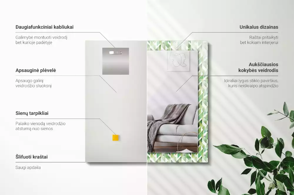 Miroir rectangulaire décoratif imprimé motif géométrique vert