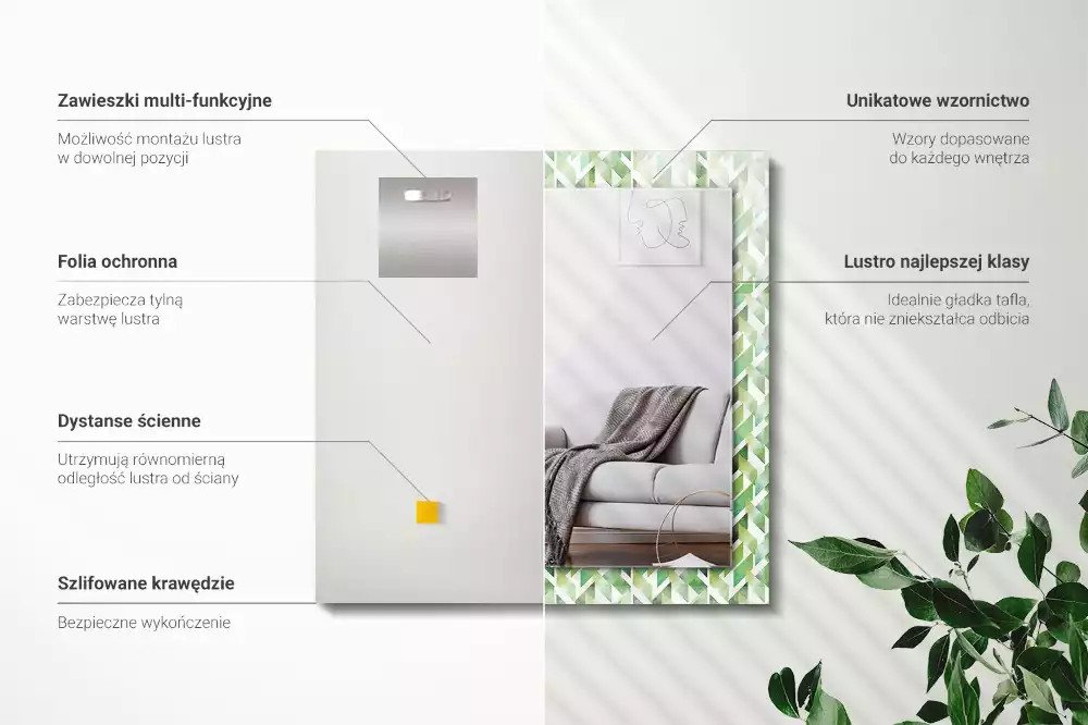 Miroir rectangulaire décoratif imprimé motif géométrique vert