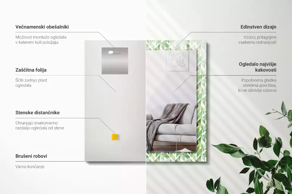 Miroir rectangulaire décoratif imprimé motif géométrique vert