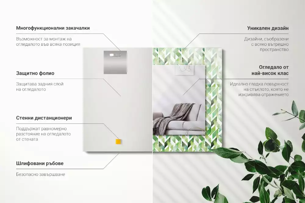 Miroir rectangulaire décoratif imprimé motif géométrique vert