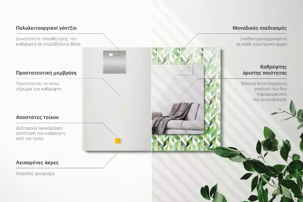 Miroir rectangulaire décoratif imprimé motif géométrique vert
