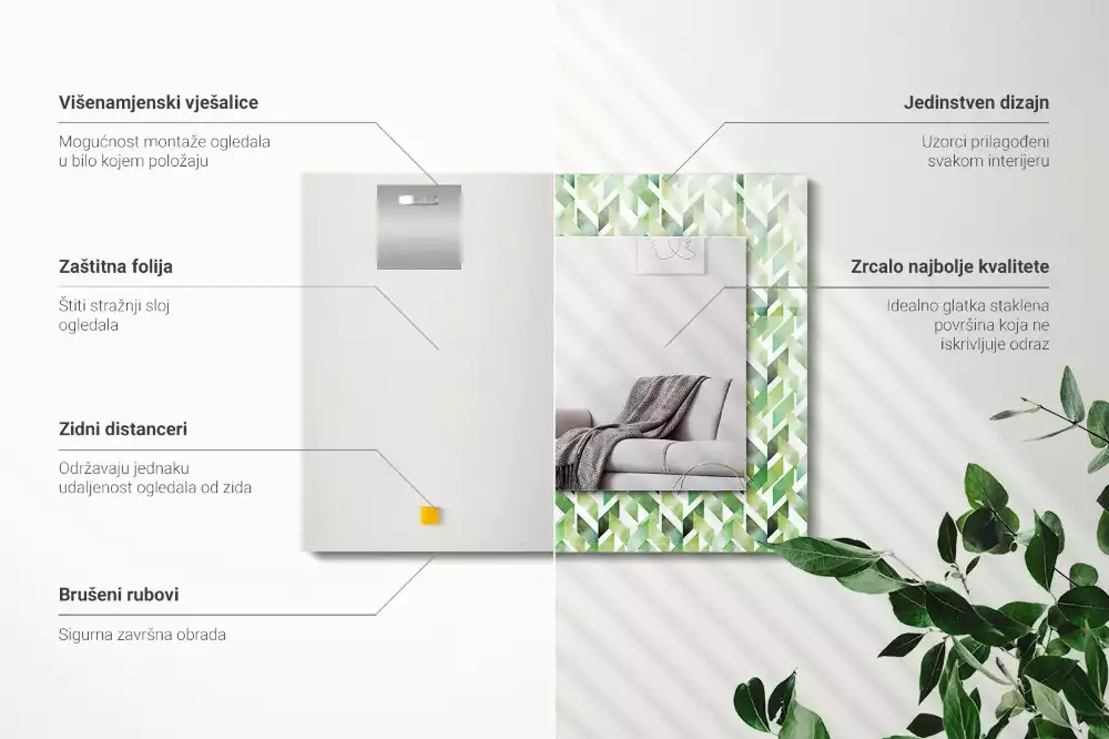 Miroir rectangulaire décoratif imprimé motif géométrique vert