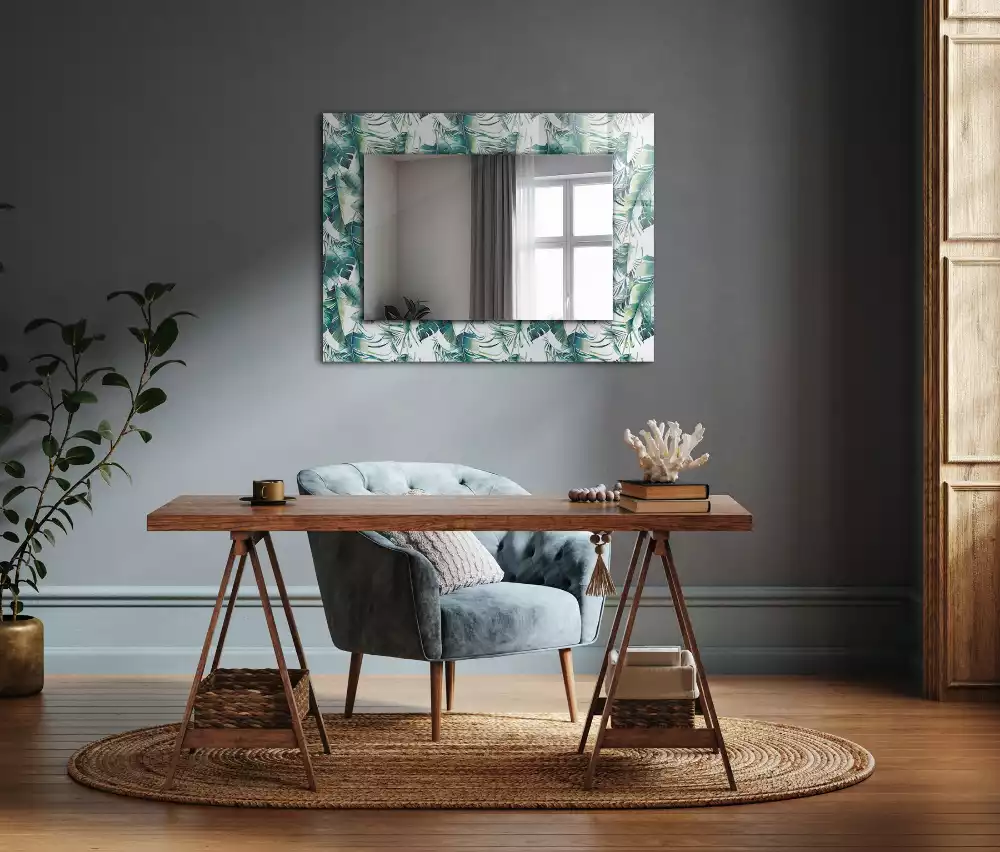 Miroir rectangulaire avec cadre imprimé feuilles exotiques vertes