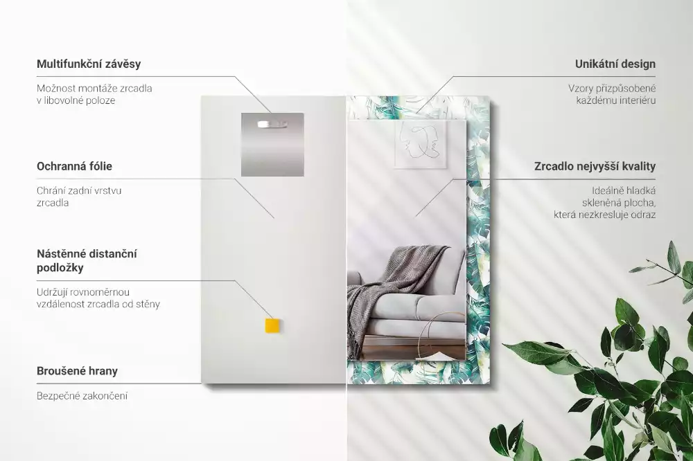 Miroir rectangulaire avec cadre imprimé feuilles exotiques vertes
