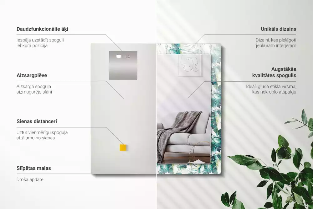 Miroir rectangulaire avec cadre imprimé feuilles exotiques vertes