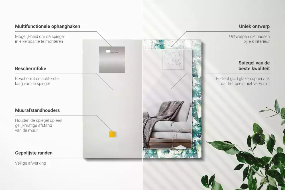 Miroir rectangulaire avec cadre imprimé feuilles exotiques vertes