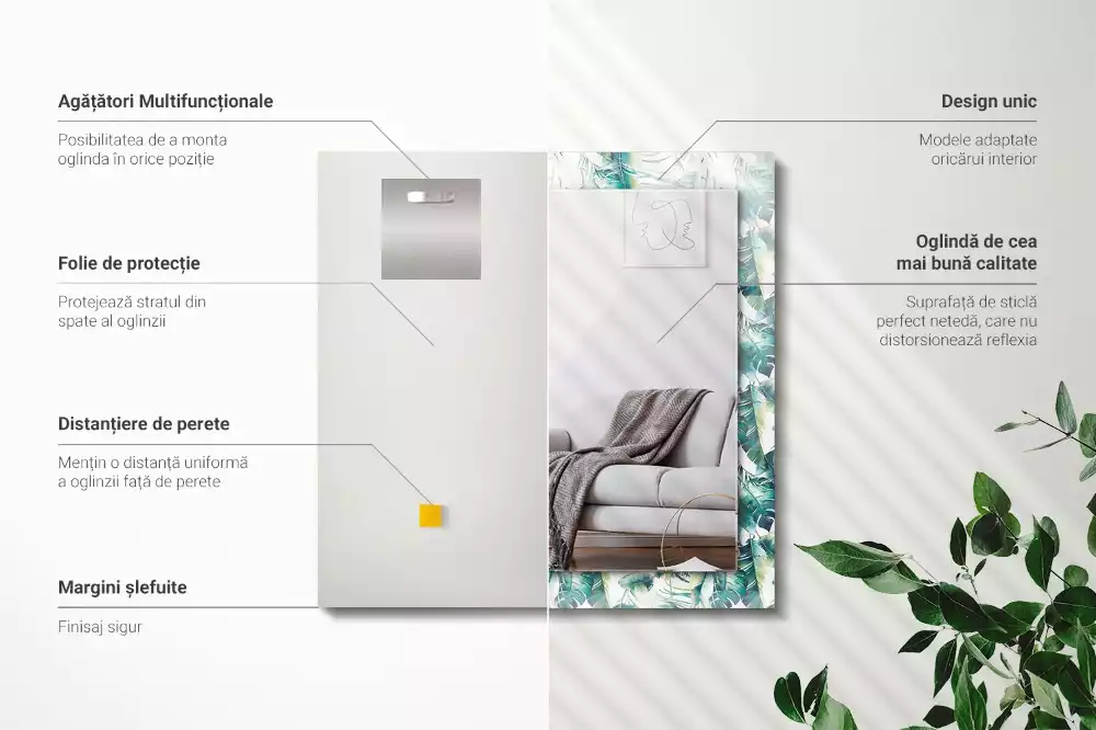 Miroir rectangulaire avec cadre imprimé feuilles exotiques vertes