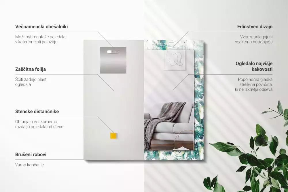 Miroir rectangulaire avec cadre imprimé feuilles exotiques vertes