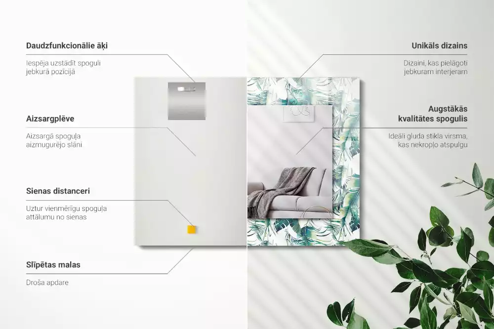 Miroir rectangulaire avec cadre imprimé feuilles exotiques vertes