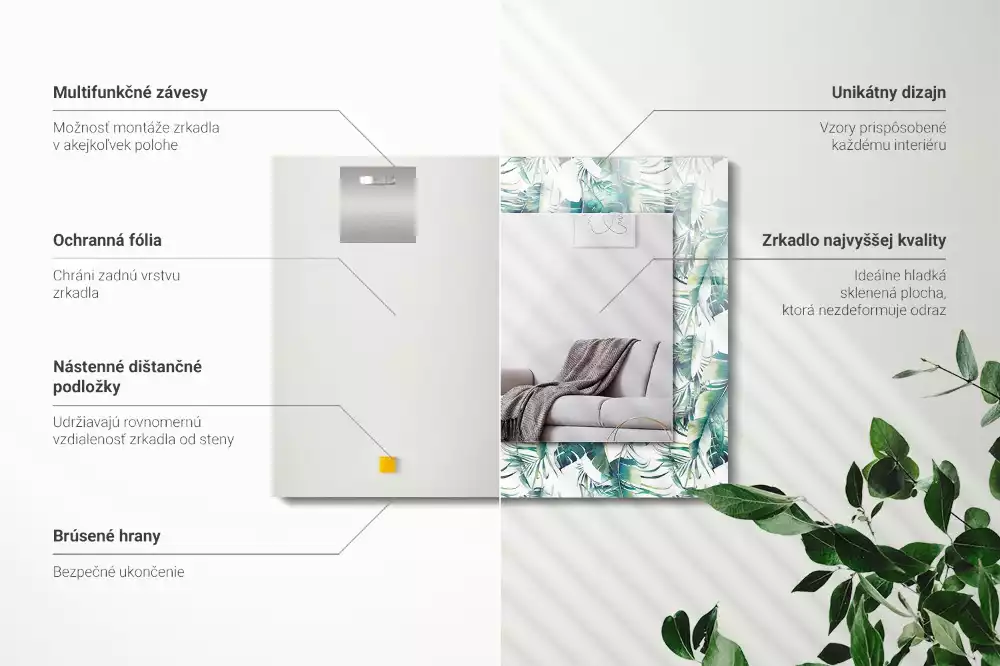 Miroir rectangulaire avec cadre imprimé feuilles exotiques vertes