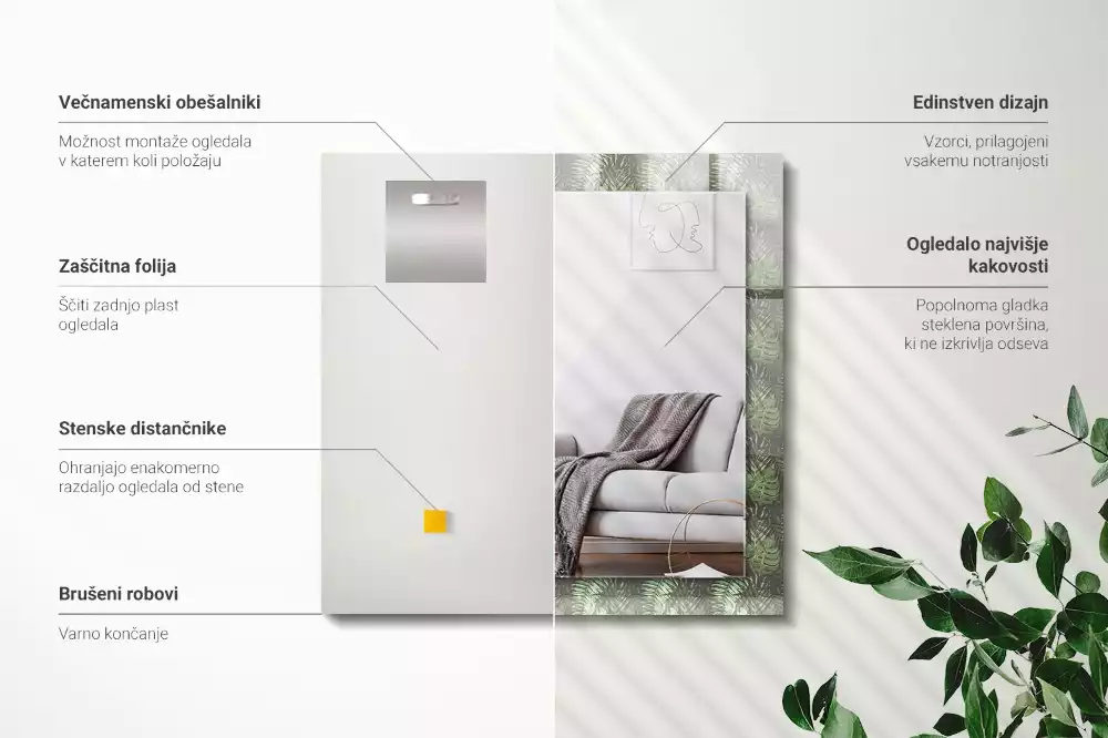Miroir rectangulaire décoratif imprimé feuilles de plantes exotiques