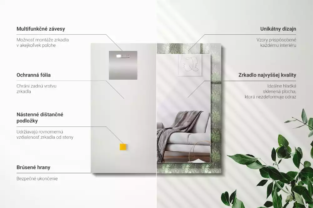 Miroir rectangulaire décoratif imprimé feuilles de plantes exotiques