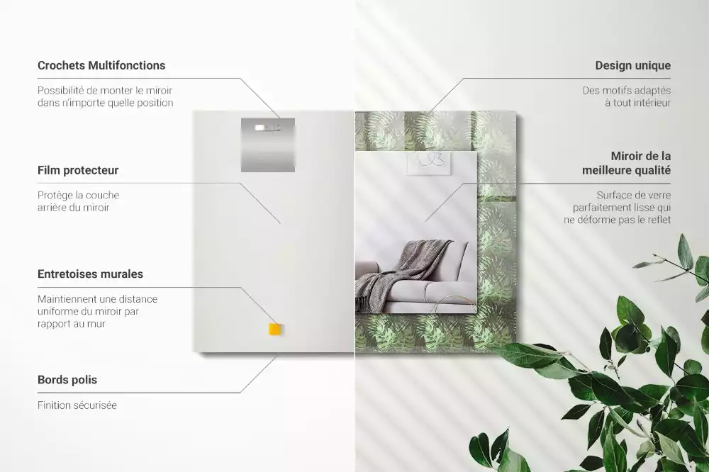 Miroir rectangulaire décoratif imprimé feuilles de plantes exotiques