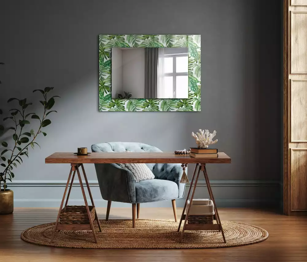 Miroir rectangulaire avec cadre imprimé feuilles exotiques vertes
