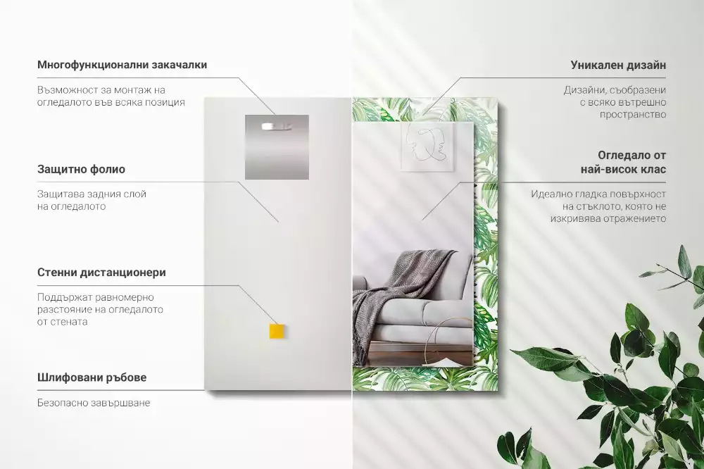 Miroir rectangulaire avec cadre imprimé feuilles exotiques vertes